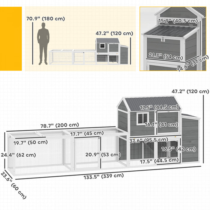 Poulailler Grand Format, 339 cm de Long, Maison en Bois avec Enclos