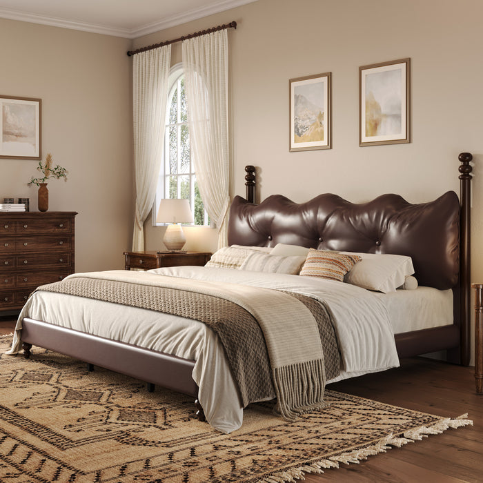Cadre de lit plateforme en simili cuir Emma avec tete de lit, taille California King, marron fonce