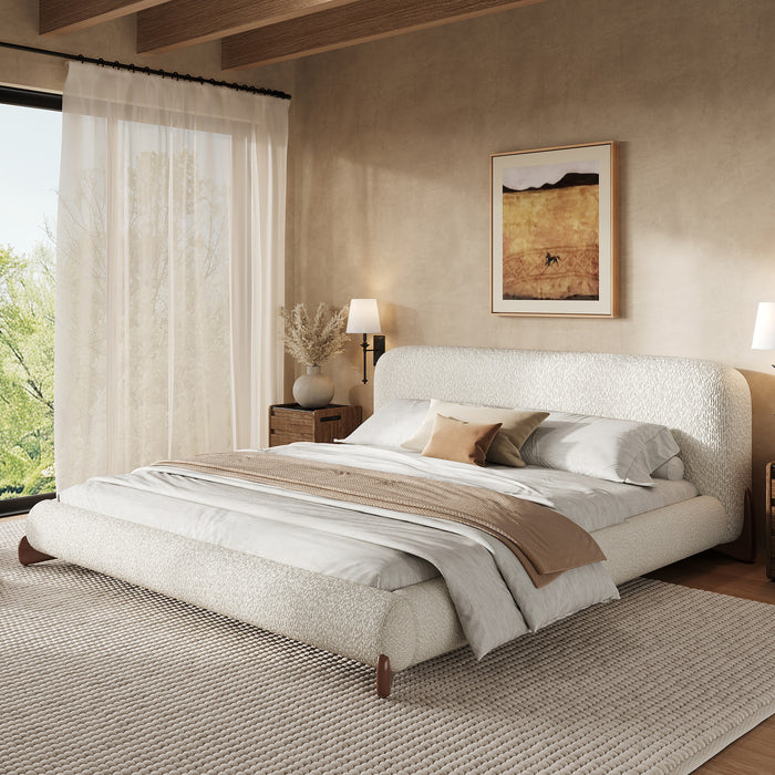 Lit plateforme Harper a profil bas en boucle avec tete de lit epaisse et courbee, California King, blanc creme