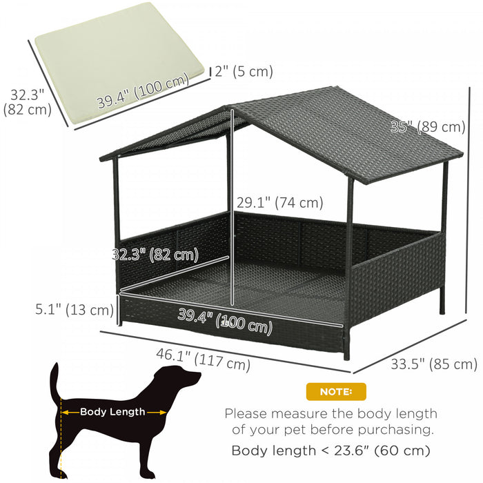 Pawhut Niche D'exterieur En Rotin Pour Chien Avec Auvent D'ombrage, Lit Sureleve En Osier Avec Coussin Doux Et Housse Lavable, Pour Chiens De Taille Moyenne Et Grande, Interieur Et Exterieur, Blanc