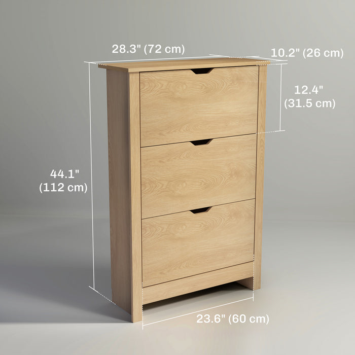 HOMCOM Meuble a chaussures etroit avec 3 tiroirs basculants et etageres ajustables, bois naturel