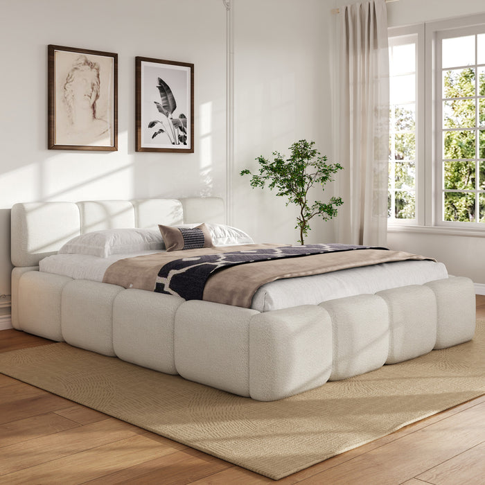 Lit plateforme Aiden avec cadre rembourre de soutien en tissu boucle, taille King, blanc