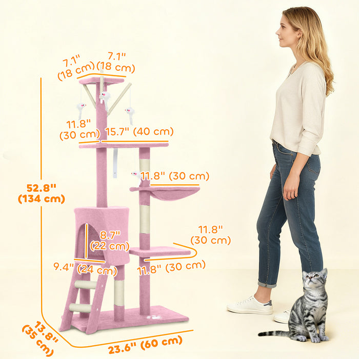 Arbre a chat PawHut, tour de 135 cm pour chatons d'interieur avec poteaux a griffer en sisal, perchoirs moelleux, niche, hamac, echelle, jouets suspendus, centre d'activites multiniveaux pour chatons, rose