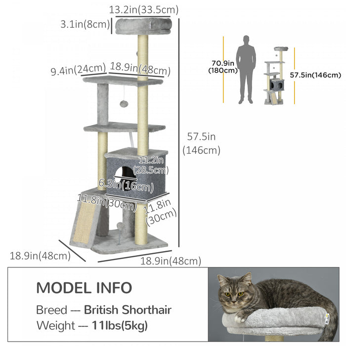 Pawhut Arbre A Chat De 57.5\" Avec Griffoirs, Grande Tour Pour Chats D'interieur Avec Lit, Maison, Jouets, Gris