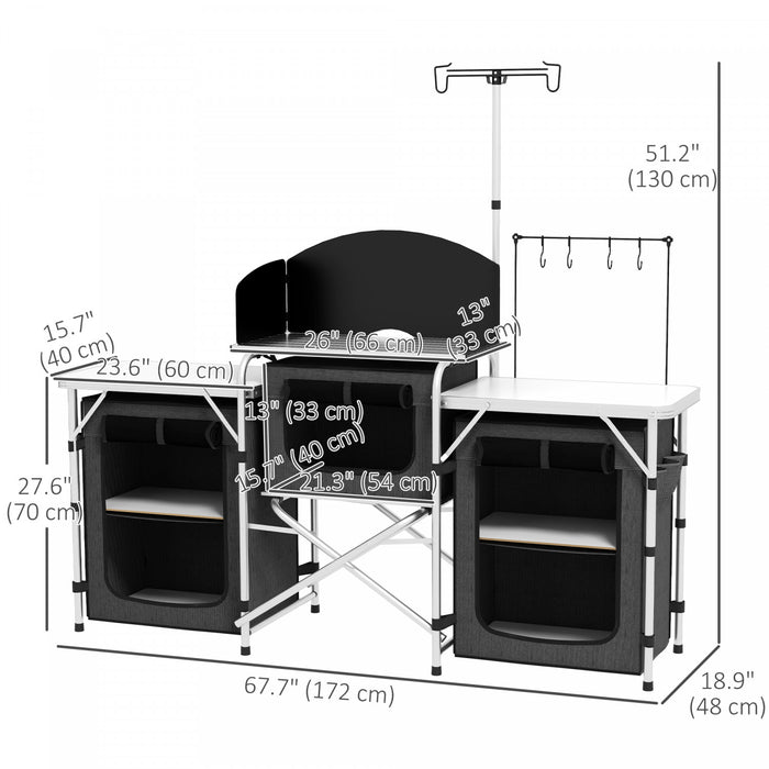 Outsunny Cuisine de camping pliante avec armoires en tissu pare-brise, noir