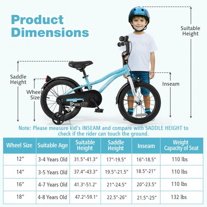 Velo Costway 16\" Pour Enfants Pour Garcons Et Filles De 4 A 7 Ans Avec Reflecteurs De Frein A Main Reglables Bleu