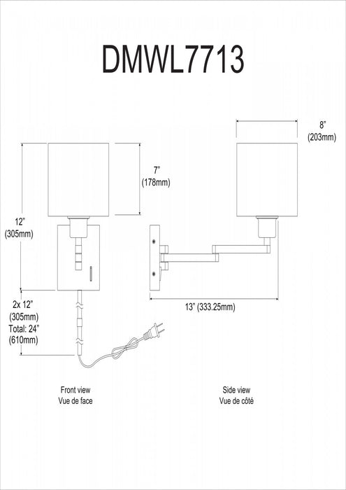 Applique murale Dainolite de Dainolite avec abat-jour cylindrique blanc, bras articulé et fini chromé satiné