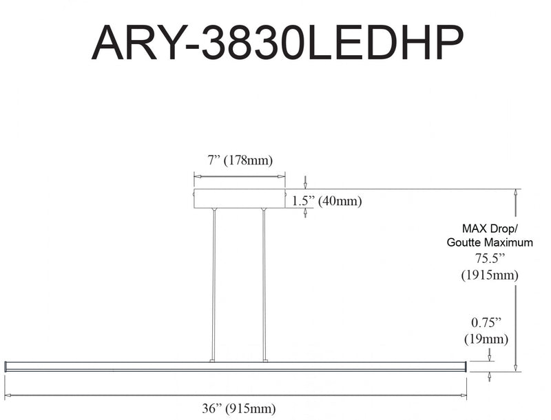 Luminaire suspendu horizontal Array de Dainolite de 36 po en acrylique blanc qui diffuse la lumière, avec fini noir mat et ampoule à DEL de 30 W