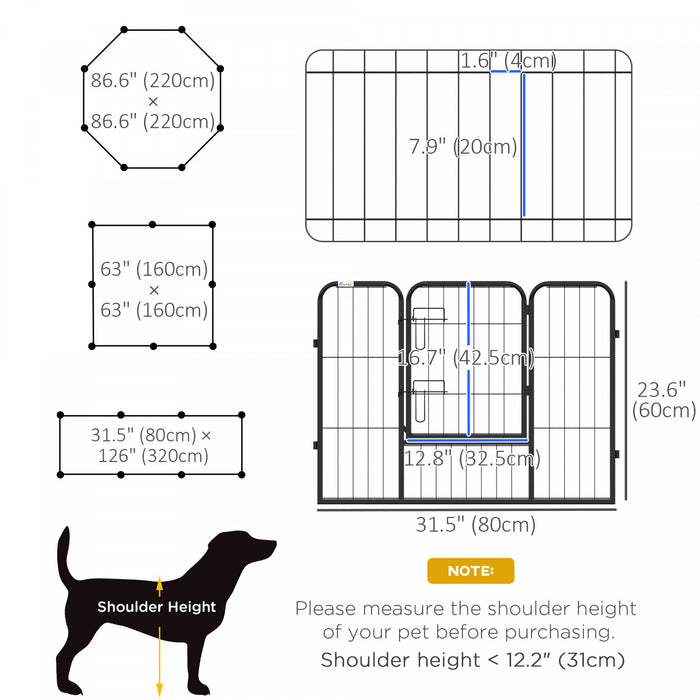 Pawhut Parc Pour Chien, 8 Panneaux, 23.5\" De Hauteur, En Metal, Enclos D'exercice Pour Chiots, Design Diy, Exterieur, Interieur, Pour Petits Chiens Moyens, Noir.
