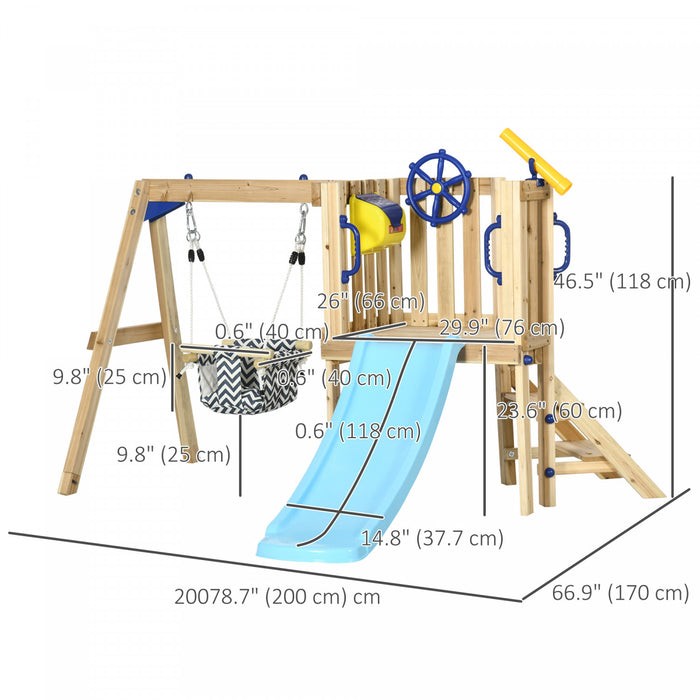 Outsunny Aire de Jeu pour Enfants avec Balancoire, Toboggan, Maisonnette en Bois, Siege Bebe, Gouvernail, Telescope, Structure Exterieure, 18-48 Mois, Couleur Naturelle