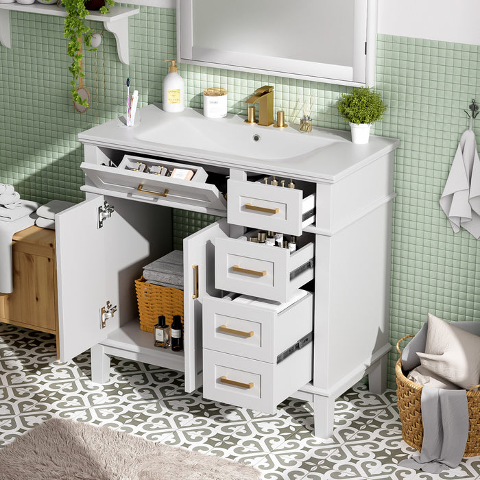 Ethan Meuble-lavabo de salle de bain en bois massif avec lavabo en ceramique et rangement intelligent, blanc