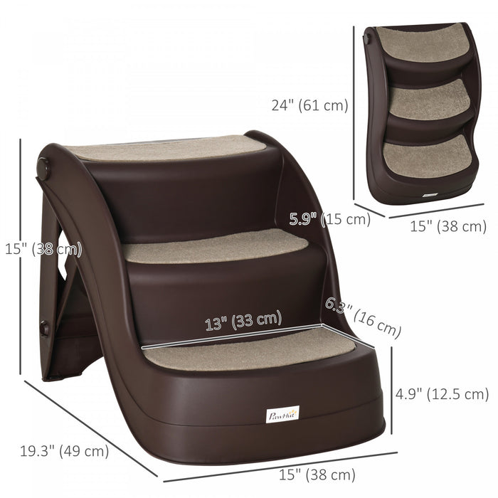 Pawhut Escalier Portable Pliable Pour Petits Chiens Et Chats 3 Marches Avec Marches Antiderapantes Pour Lits Hauts Et Sofas, Marron