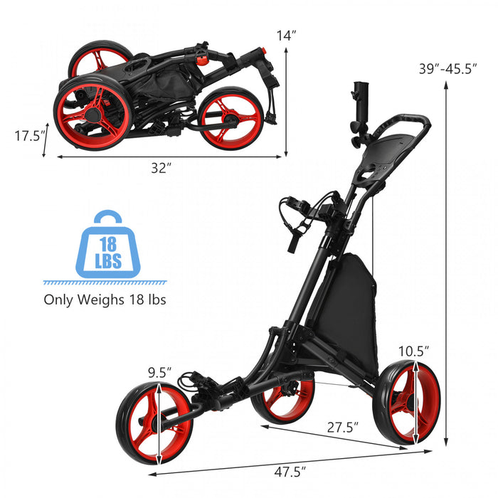 Chariot De Golf Pliable A 3 Roues, 4 Positions De Hauteur Reglables, Chariot De Golf Leger, Chariot De Golf En Aluminium Avec Porte-ombrelle Reglable, Sac Etanche, Glaciere Integree, Frein A Pied, Ouverture Et Fermeture Rapides.