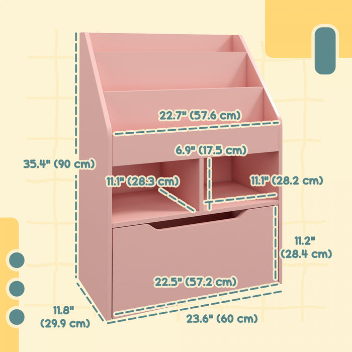 Homcom Bibliotheque Pour Enfants Multi-etageres Avec Tiroir De Rangement Pour Livres Pour Coin Lecture, Salle De Classe, Chambre, Salle De Jeux, Rose