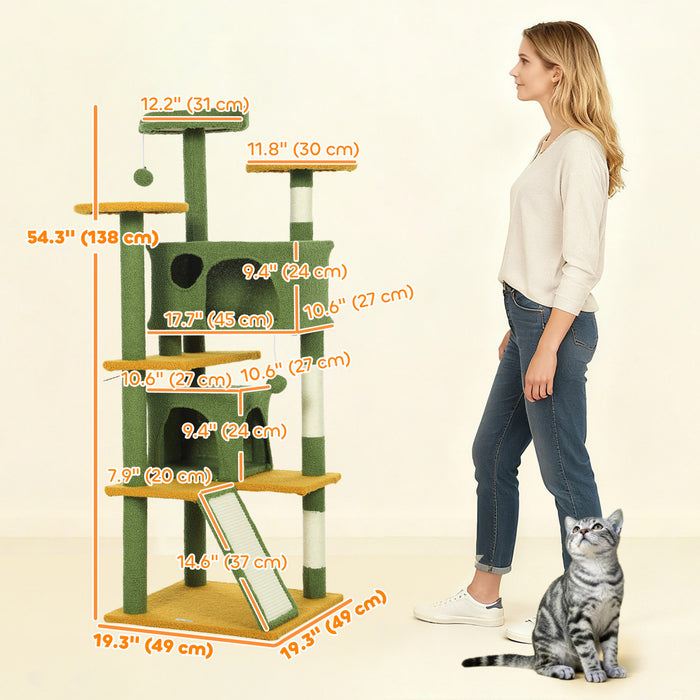 Arbre a Chat 138 cm avec Poteaux a Griffer et Niches, Vert