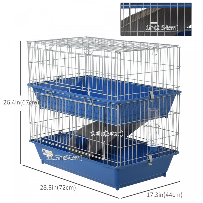 Pawhut 2-tier 27\" Cage En Plastique Pour Petits Animaux En Acier Cochon D'inde Lapin Enclos De Huche Maison De Jeu Pour Animaux De Compagnie Avec 2 Portes, Plate-forme, Rampe, Plat Et Bouteille, Bleu