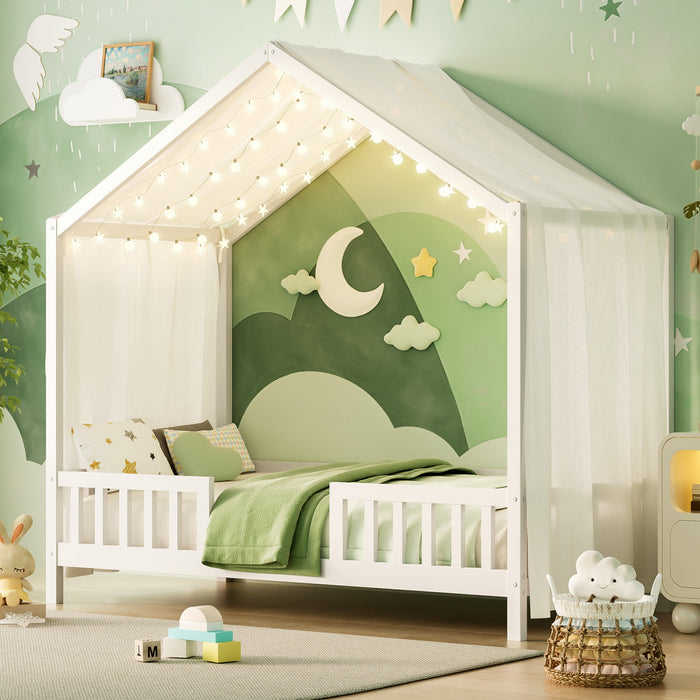 Paul Lit Montessori au sol avec baldaquin et barrieres hautes, Taille Simple, Blanc