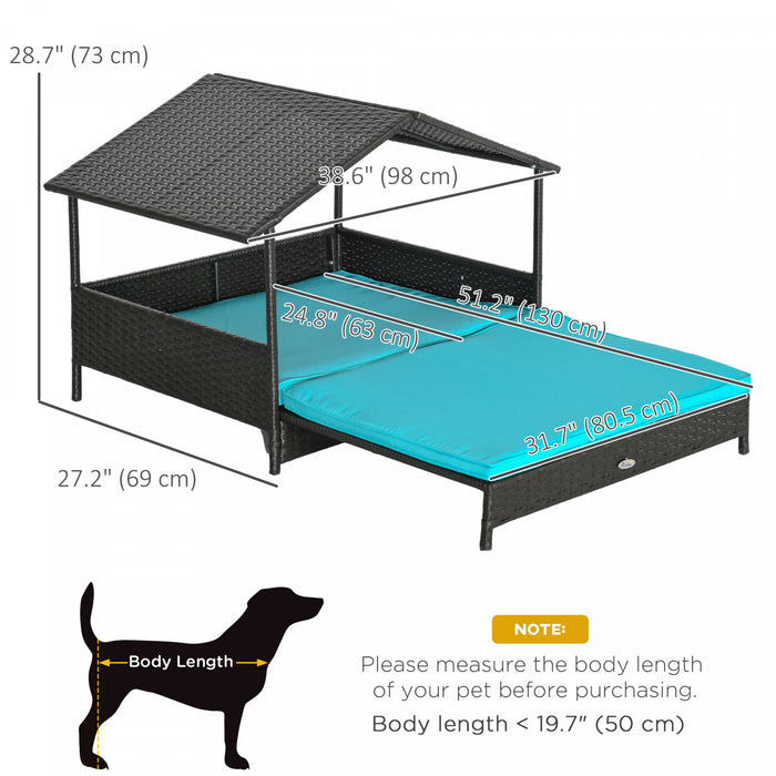 Pawhut Niche Pour Chien En Rotin Extensible Pour Exterieur Et Interieur Avec Toit, Lit Sureleve En Osier Avec Coussin Doux Et Housse Lavable, Pour Chiens De Petite Et Moyenne Taille, Bleu
