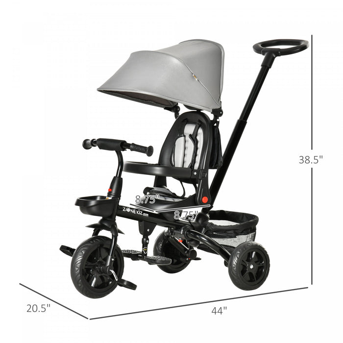 Qaba Tricycle Enfants Evolutif 4 En 1 Canne Telescopique Amovible Et Pare-soleil Pliable Demontable Angle Du Dossier Reglable Siege Pivotant Sac Et Paniers Integres Metal 44\" X 20.5\" X 38.5\" Gris