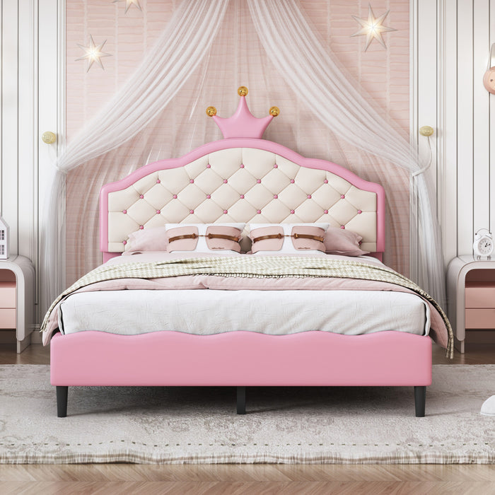 Lily Lit de Princesse Fantaisie Couronne Elegante avec Tete de Lit en Cuir PU Capitonne, Taille Double