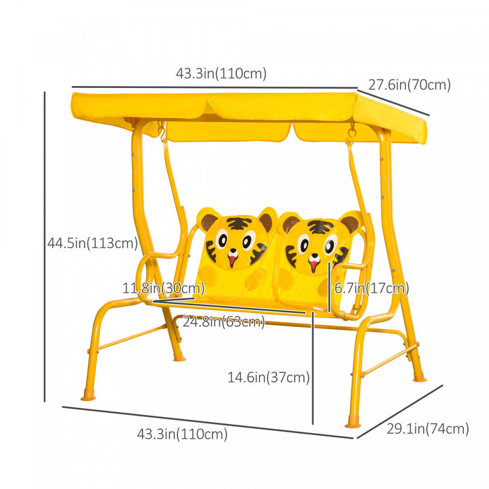 Outsunny Balancoire 2 Places Pour Enfants, Chaise Longue De Terrasse Pour Enfants, Pour Porche De Jardin, Avec Auvent Reglable, Ceinture De Securite, Motif Tigre, Pour 3-6 Ans, Jaune