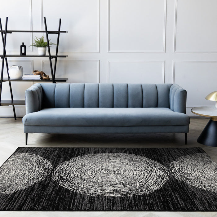 Tapis Florence noir, gris et blanc a motif d'anneaux d'arbre, 5'3\" x 7'4\"