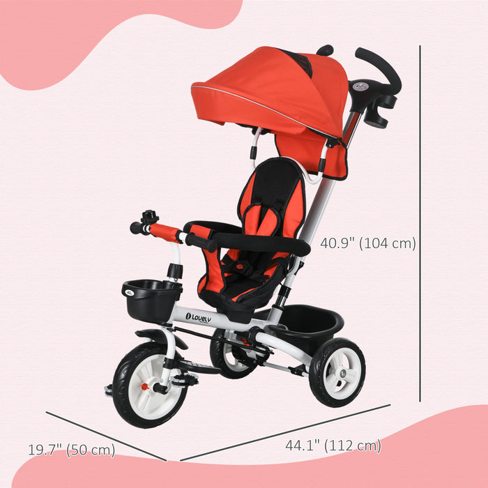 Qaba Tricycle Pour Tout-petits, Velo Poussette Avec Poignee De Poussee Parentale, Paniers De Rangement, Porte-gobelet, Garde-corps De Securite Et Ceinture De Securite, Pour 12 A 60 Mois, Rouge
