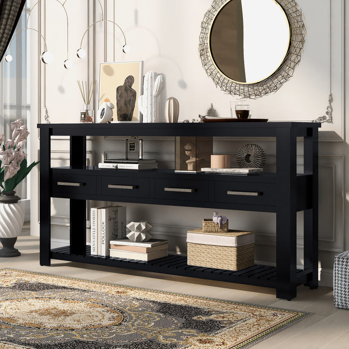 Table d'entree Ava 62,2'' avec tiroirs et etageres ouvertes, noire