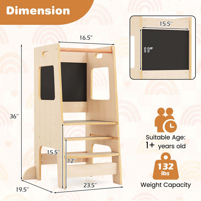 Tabouret D'etape De Cuisine Costway Pour Tout-petit Enfant Avec Tableau A Bois D'activite Reglable En Hauteur Et Rail De Securite Beige