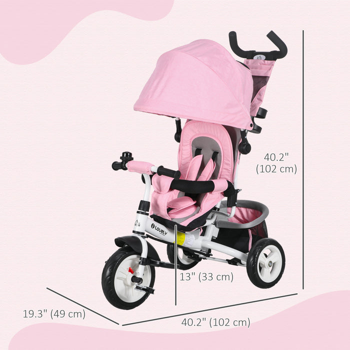 Qaba Tricycle 4 En 1 Pour Tout-petits, Tricycle Pour Enfants Avec Auvent Pliable, Poignee Et Housse Amovibles, Panier De Rangement, Ceinture De Securite A 5 Points, Pour Enfant De 1 A 5 Ans, Rose
