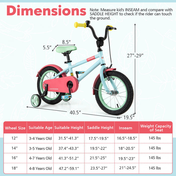 Costway 14\" Velo Pour Enfants Avec Guidon Reglable De Selle Roues D'entrainement Amovibles Frein A Main Rouge