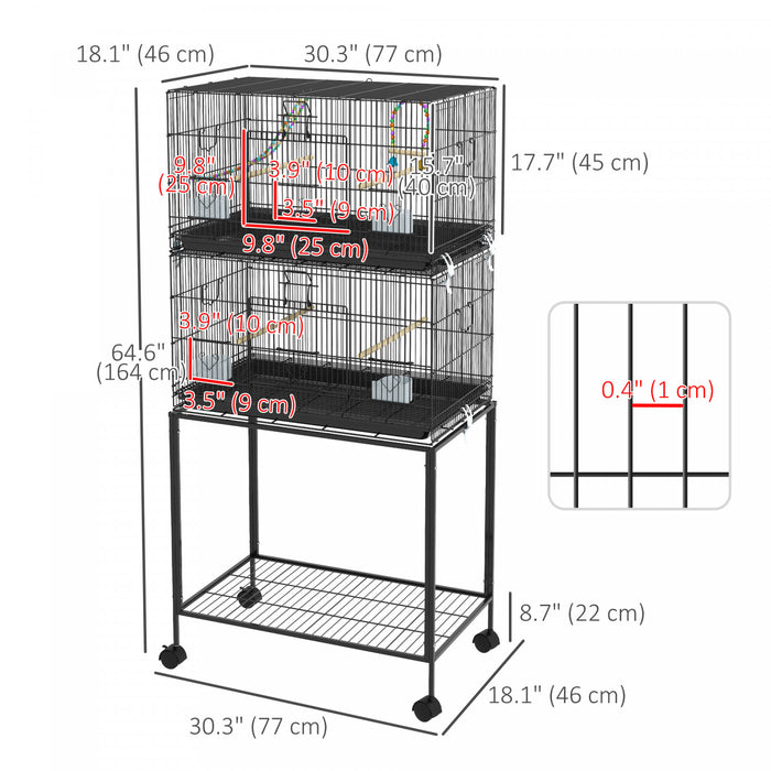 Double Cage A Oiseaux Empilable Sur Roulettes Avec Support