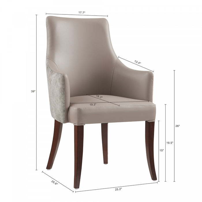 Fauteuil moderne Connie en cuir vegetalien et velours avec accoudoirs en bois, taupe - Lot de 2