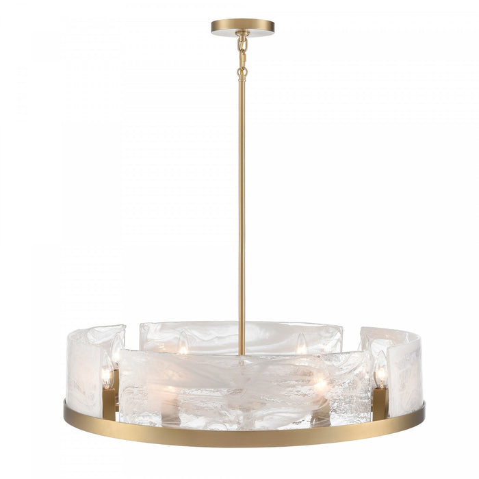 Lustre A 8 lampes Skye, Laiton Et Verre Genre Murano Blanc Vaporeux