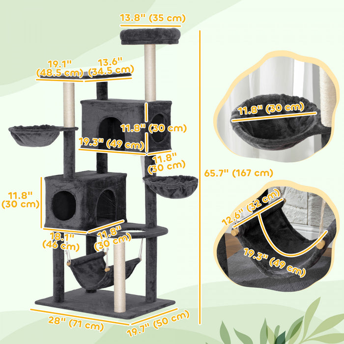 66 Inch Cat Tree with 2 Condos, 3 Big Hammocks, Dark Grey