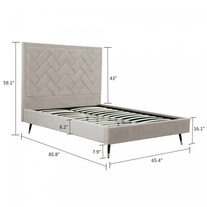 Lit Queen moderne Crosby en velours capitonne, coloris grege
