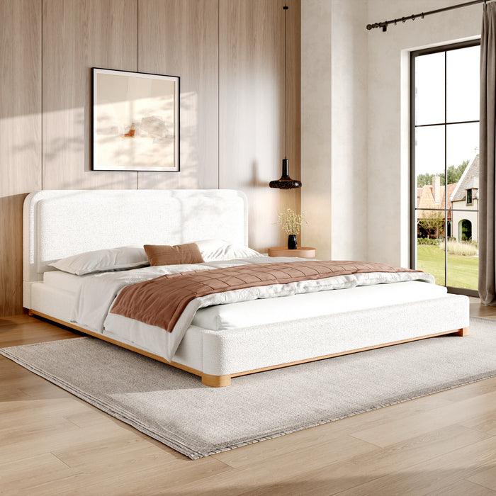 Lit plateforme Ethan a profil bas en boucle avec tete de lit courbee rembourree, taille king, blanc