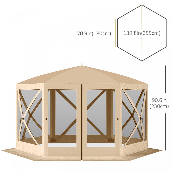 Outsunny 12' X 12' Tente Automatiquehe Xagonale A Ecran Escamotable, Abri De Camping, Auvent De Pique-nique, Pare-soleil Exterieur Avec Parois Laterales En Maille Et Sac De Transport