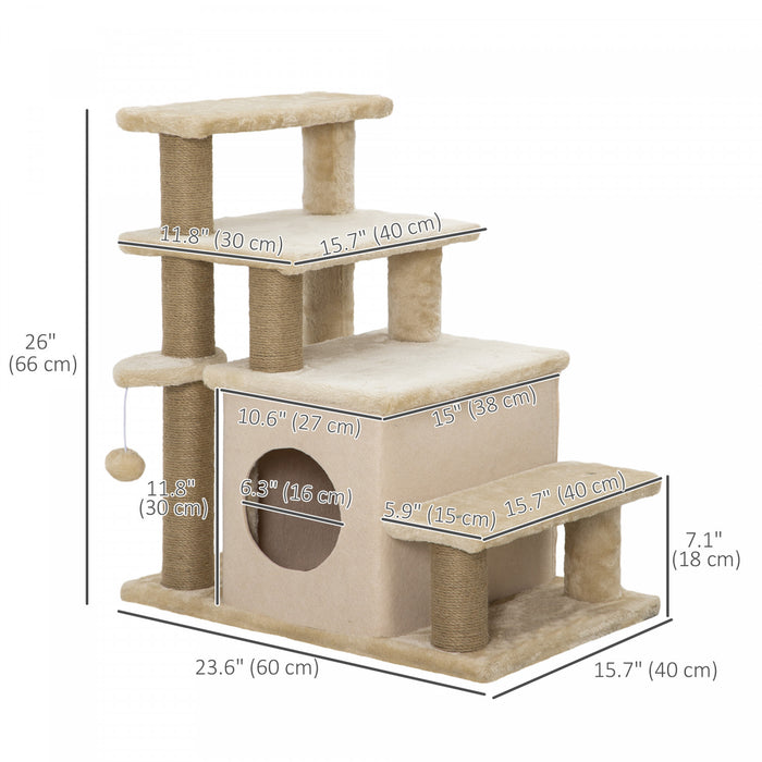 Pawhut Escaliers Pour Chats Avec Poteaux A Gratter Sisal Hauteur Reglable, Arbre A Chat Confortable, Marches Pour Animaux Pour Canape Et Lit Haut Avec Balle Suspendue