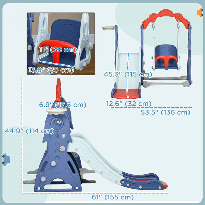 Qaba Ensemble Toboggan Et Balancoire Pour Enfants 3 En 1, Aire De Jeux Interieure Avec Panier De Basket, Balancoire Reglable, Grimpeur Pour Tout-petits, Pour Les 1 A 3 Ans, Bleu Fonce