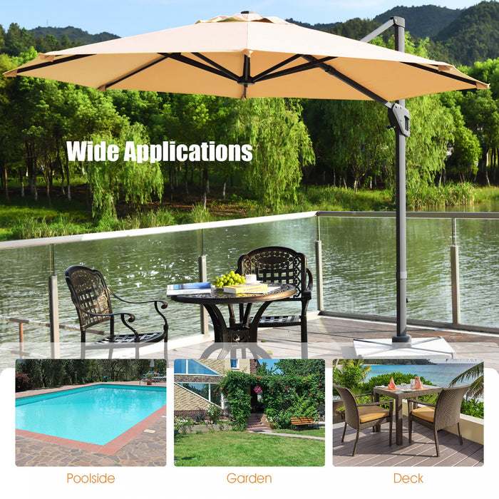 Costway Parasol deporte 11ft pour terrasse a rotation cantilever, aluminium, inclinable, base croisee, beige