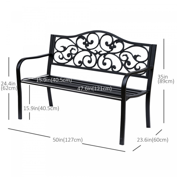 Outsunny Banc De Jardin En Metal De 50 Po Motif Floral Vintage, Noir