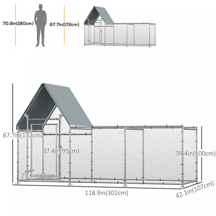 Pawhut Grand Poulailler Galvanise, Cage De Poulailler Pour Poules, Clapier En Metal Avec Couvercle Resistant A L'eau Pour Ferme D'arriere-cour Exterieure, 119\" X 42\" X 68\"