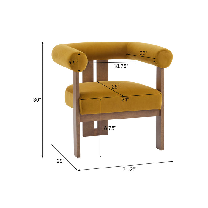Crest Fauteuil d'Appoint Moderne a Accoudoirs Ronds et Pieds Triangulaires, Jaune Moutarde, Noyer