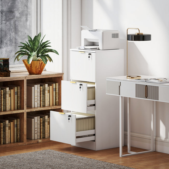 HOMCOM Classeur vertical cannele a 3 tiroirs avec serrure, blanc