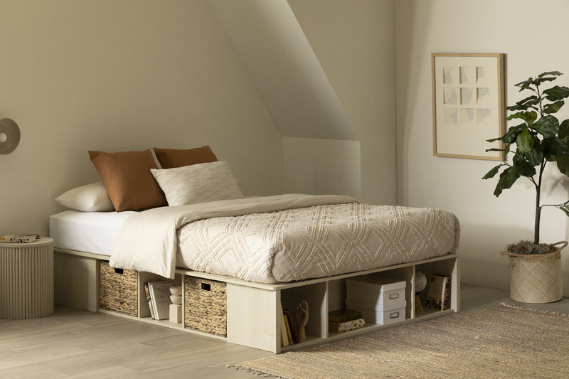 Avilla Lit Avec Paniers De Rangement En Osier Inclus - Chene Blanchi