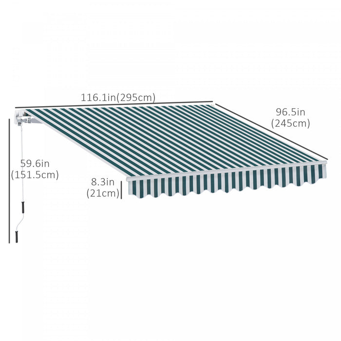 Outsunny 10x8pi Auvent De Terrasse Retractable Manuel Resistant A L'eau Pare-soleil Exterieur Pont Fenetre Porte Auvent Abri Cadre En Aluminium Rayure Verte/blanche