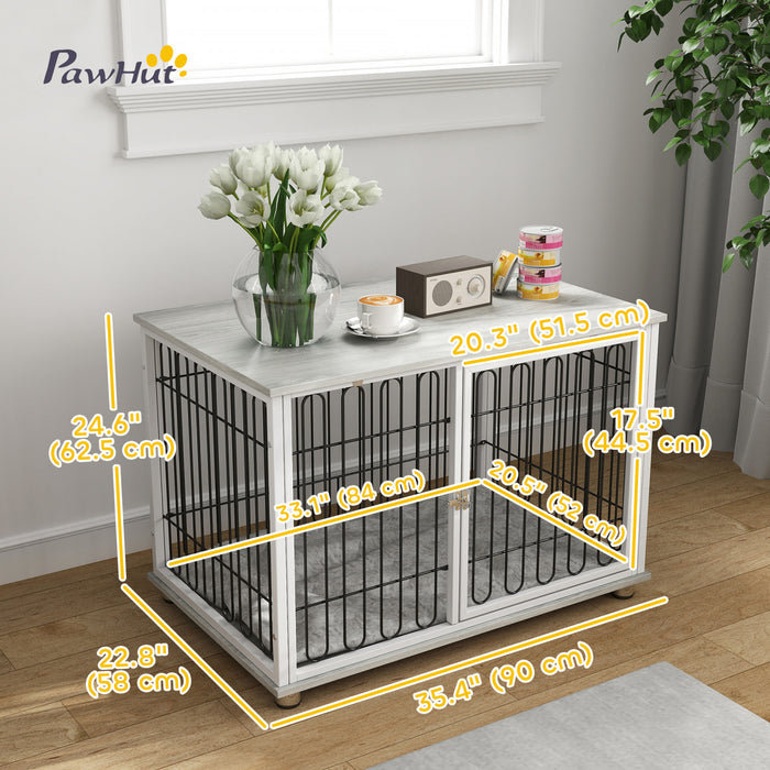 Pawhut Meuble De Cage De Chien Avec Coussin Lavable, Table D'appoint Pour Niche D'interieur Avec Pieds Reglables Pour Chiens De Taille Moyenne, Gris
