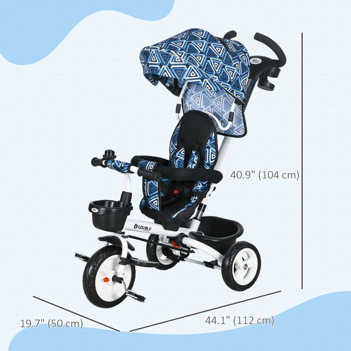 Qaba Tricycle Pour Tout-petits, Velo Poussette Avec Poignee De Poussee Parentale, Paniers De Rangement, Porte-gobelet, Garde-corps De Securite Et Ceinture De Securite, Pour 12 A 60 Mois, Bleu Clair