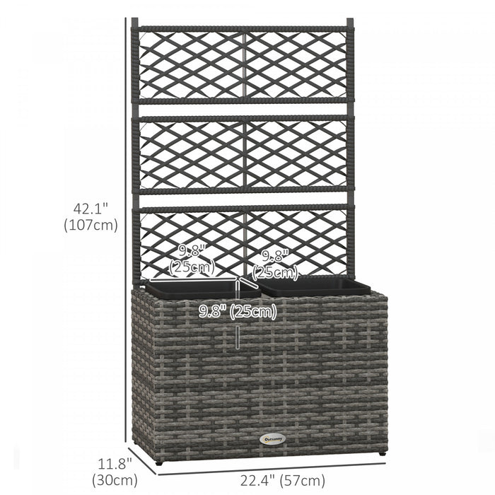 Outsunny Jardiniere Surelevee De 22 L Avec Treillis, Parterre De Fleurs Sur Pied En Rotin Pe Avec Deux Bacs A Plantes, Jardiniere De Jardin Pour Plantes Grimpantes, 22,4\" X 11,8\" X 42,1\", Gris Melange